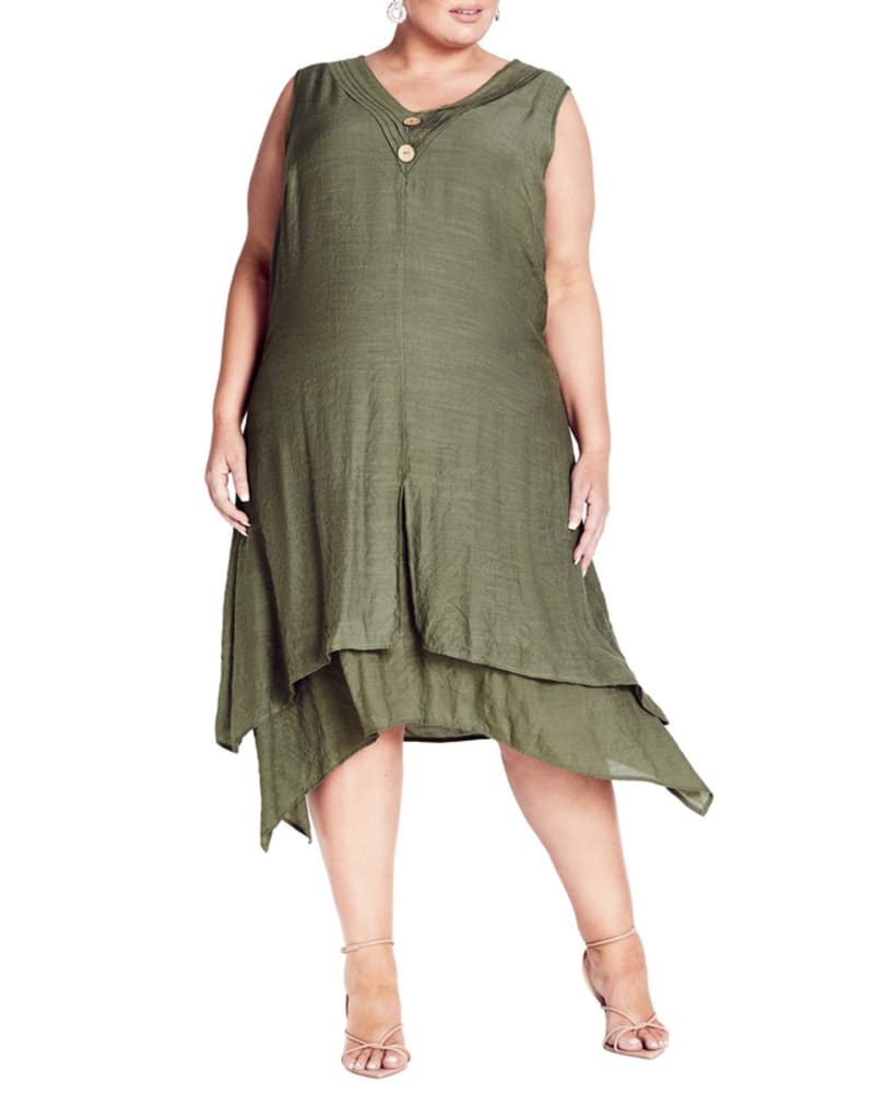 Front of a model wearing a size 14 DRESS PLEAT BUTTON in Sage Green by avenue. | dia_product_style_image_id:280455